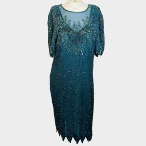 Denise Elle Teal Sequined Beaded & Sequined Dressy Dress Zig Zag Hemline